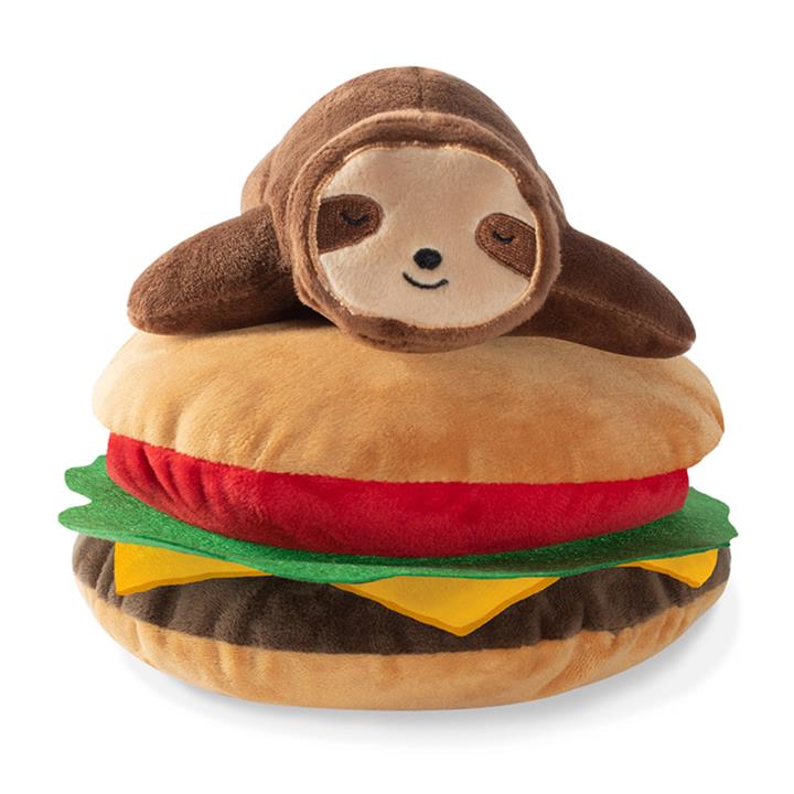 Fringe Studio Sloth On A Hamburger Plush Squeaker Dog Toy