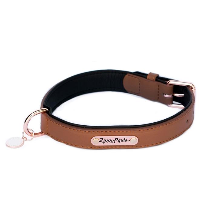 Zippy Paws Leather Dog Collar with Rose Gold Buckle - Brown [Size: Large]