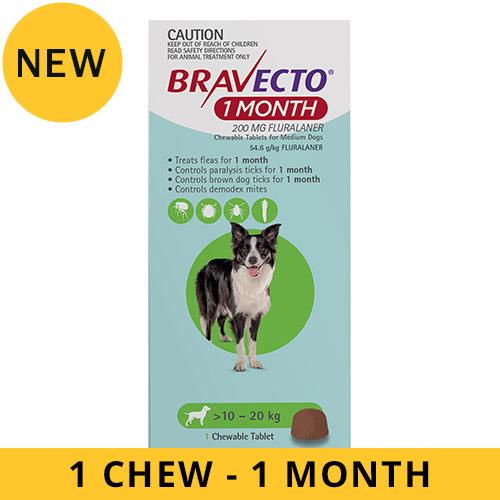 Bravecto 1 Month Chew For Dogs 10-20 Kg - Medium (Green) 1 Chew - 1 Month