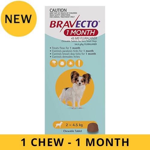 Bravecto 1 Month Chew For Dogs 2-4.5 Kg - Very Small (Yellow) 1 Chew - 1 Month