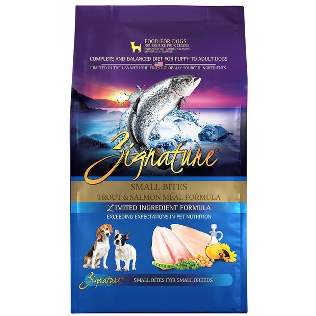 Zignature Grain Free Trout And Salmon Meal Small Bites Formula Dry Dog Food 2 X 1.8kg