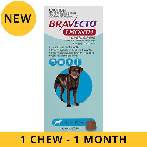 Bravecto 1 Month Chew For Dogs 20-40 Kg - Large (Blue) 1 Chew - 1 Month