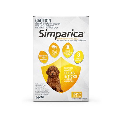 Simparica Chewables 5mg For Puppies 1.3-2.5kg (Yellow) 6 Doses