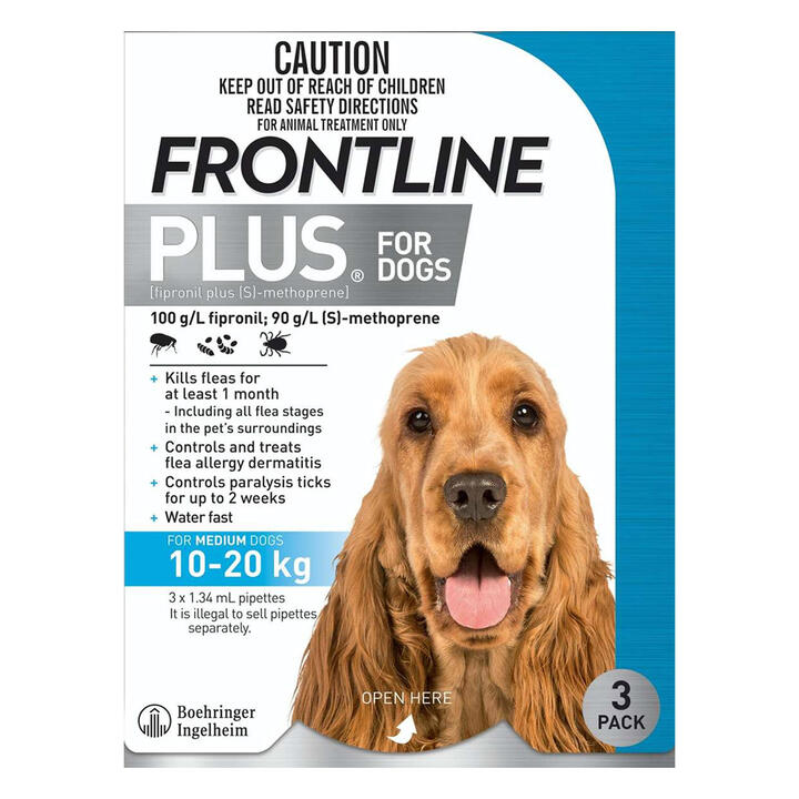 Frontline Plus For Medium Dogs 10 To 20kg (Blue) 3 Pipettes