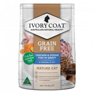 Ivory Coat Grain Free Mature Chicken & Ocean Fish In Gravy Wet Cat Food 85gm 12 Pouches