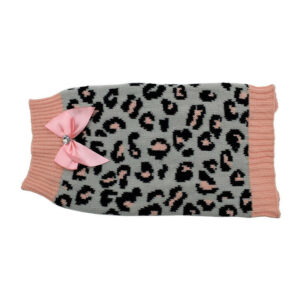 Zeez Knitted Leopard Print Dog Sweater With Bow Grey/Pink 1 X Large
